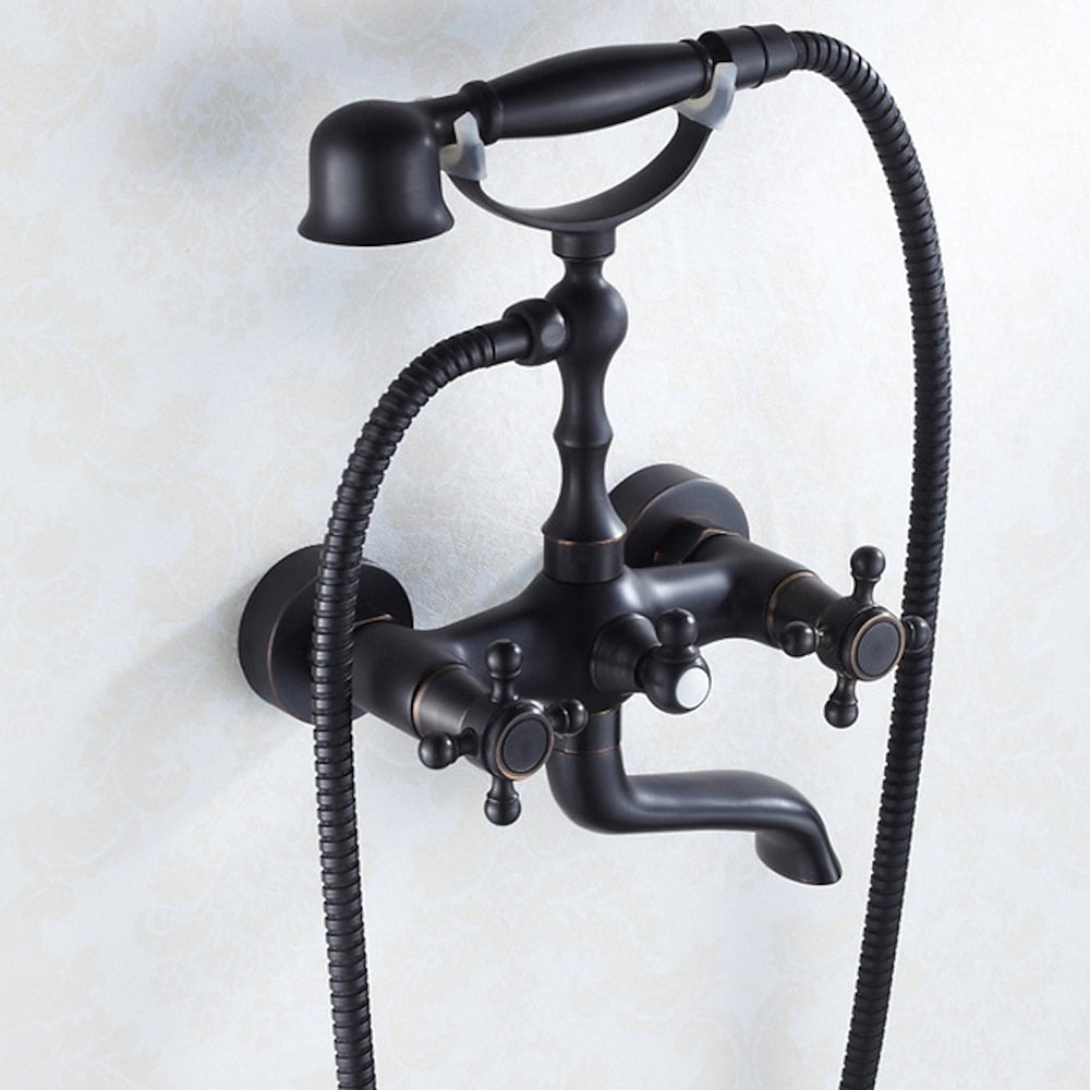 Vintage Oil-Rubbed Bronze Wall-Mount Tub Filler Faucet, Double-Handle Brass Bath Faucet with Handheld Shower