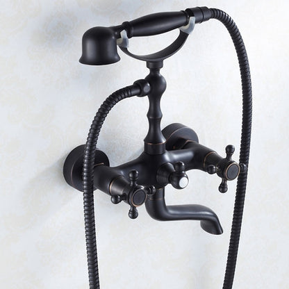 Vintage Oil-Rubbed Bronze Wall-Mount Tub Filler Faucet, Double-Handle Brass Bath Faucet with Handheld Shower