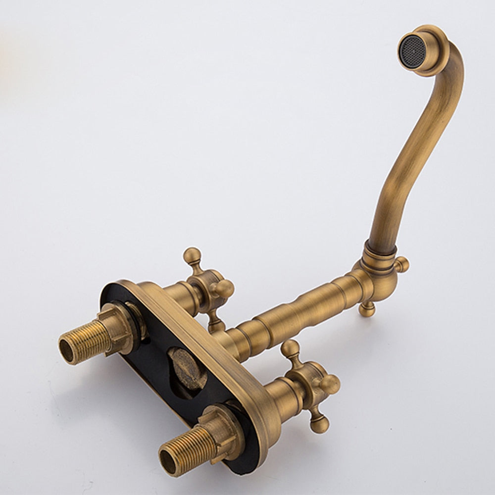 Antique Brass Swivel Spout Bathroom Faucet, Vintage Double-Handle Centerset Faucet