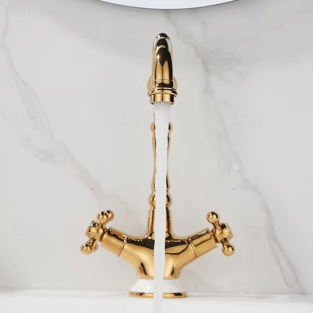 Traditional Brass Bathroom Faucet, Single-Hole Swivel Spout Faucet, Polished Gold / Chrome