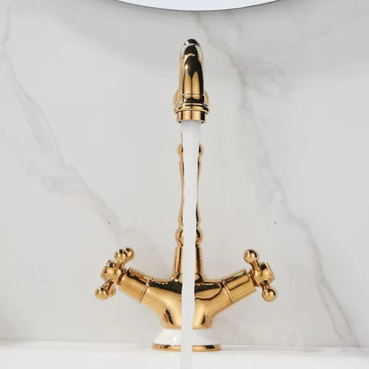 Traditional Brass Bathroom Faucet, Single-Hole Swivel Spout Faucet, Polished Gold / Chrome