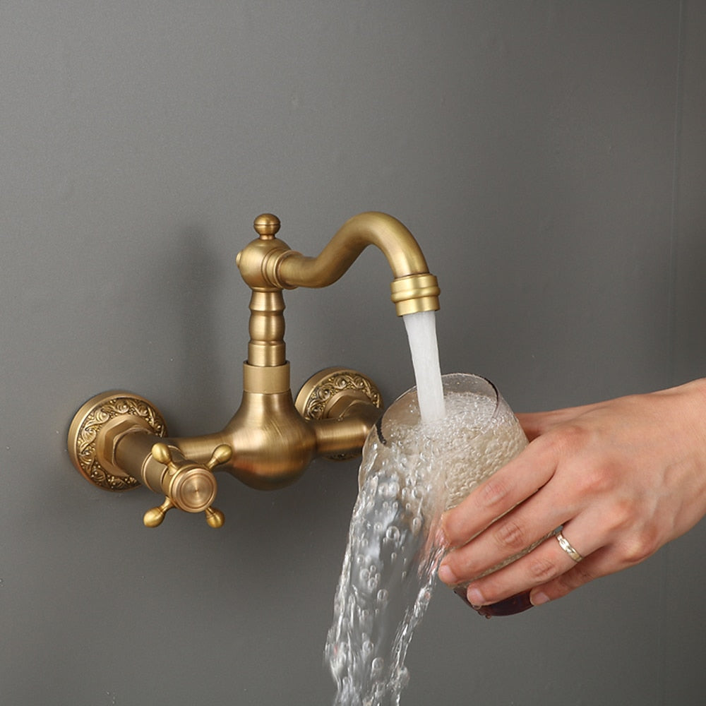 Traditional Antique Brass Wall-Mount Kitchen Faucet, Dual Cross Handle Brass Faucet with Swivel Spout