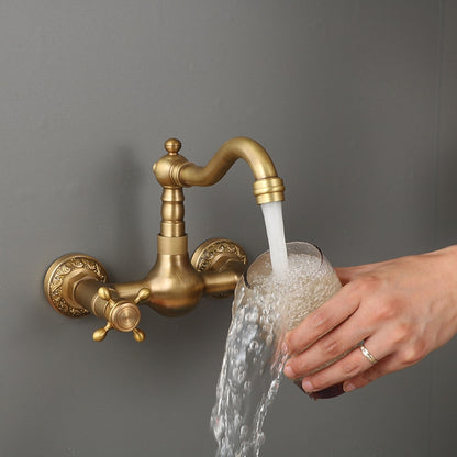 Traditional Antique Brass Wall-Mount Kitchen Faucet, Dual Cross Handle Brass Faucet with Swivel Spout