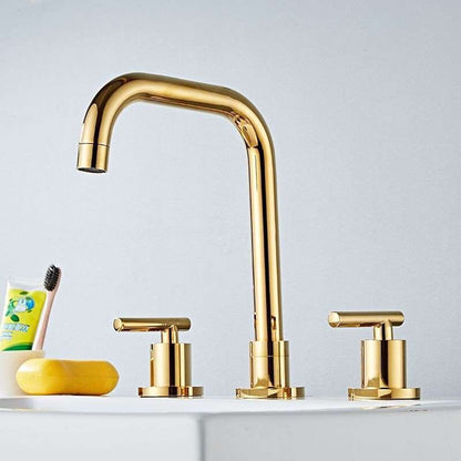 360-Degree Swivel Widespread Bathroom Faucet, Double Lever Handle Brass Basin Faucet, Polished Gold / Chrome