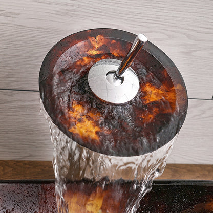 Waterfall Faucet, Brown Oval Glass Vessel Sink with Pop-Up Drain