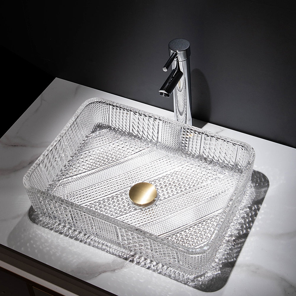 Transparent Rectangular Glass Vessel Sink, Single-Handle Chrome Faucet / Gold Pop-Up Drain Vessel Sink Set
