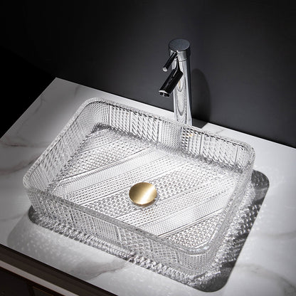 Transparent Rectangular Glass Vessel Sink, Single-Handle Chrome Faucet / Gold Pop-Up Drain Vessel Sink Set