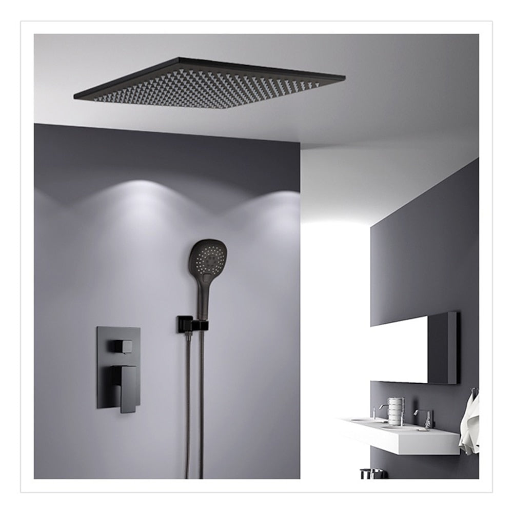 Matte Black Ceiling-Mounted Rainfall Shower System, Complete Wall-Mount Brass Shower Faucet with 3-Function Handheld Shower