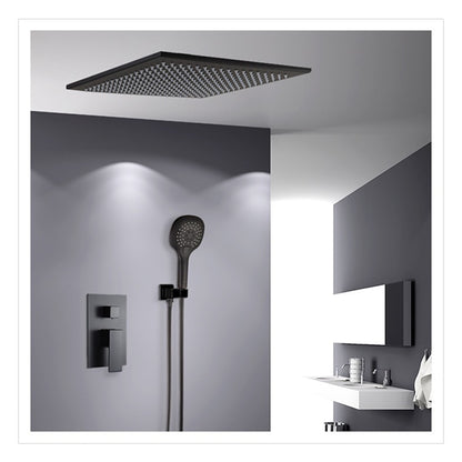 Matte Black Ceiling-Mounted Rainfall Shower System, Complete Wall-Mount Brass Shower Faucet with 3-Function Handheld Shower