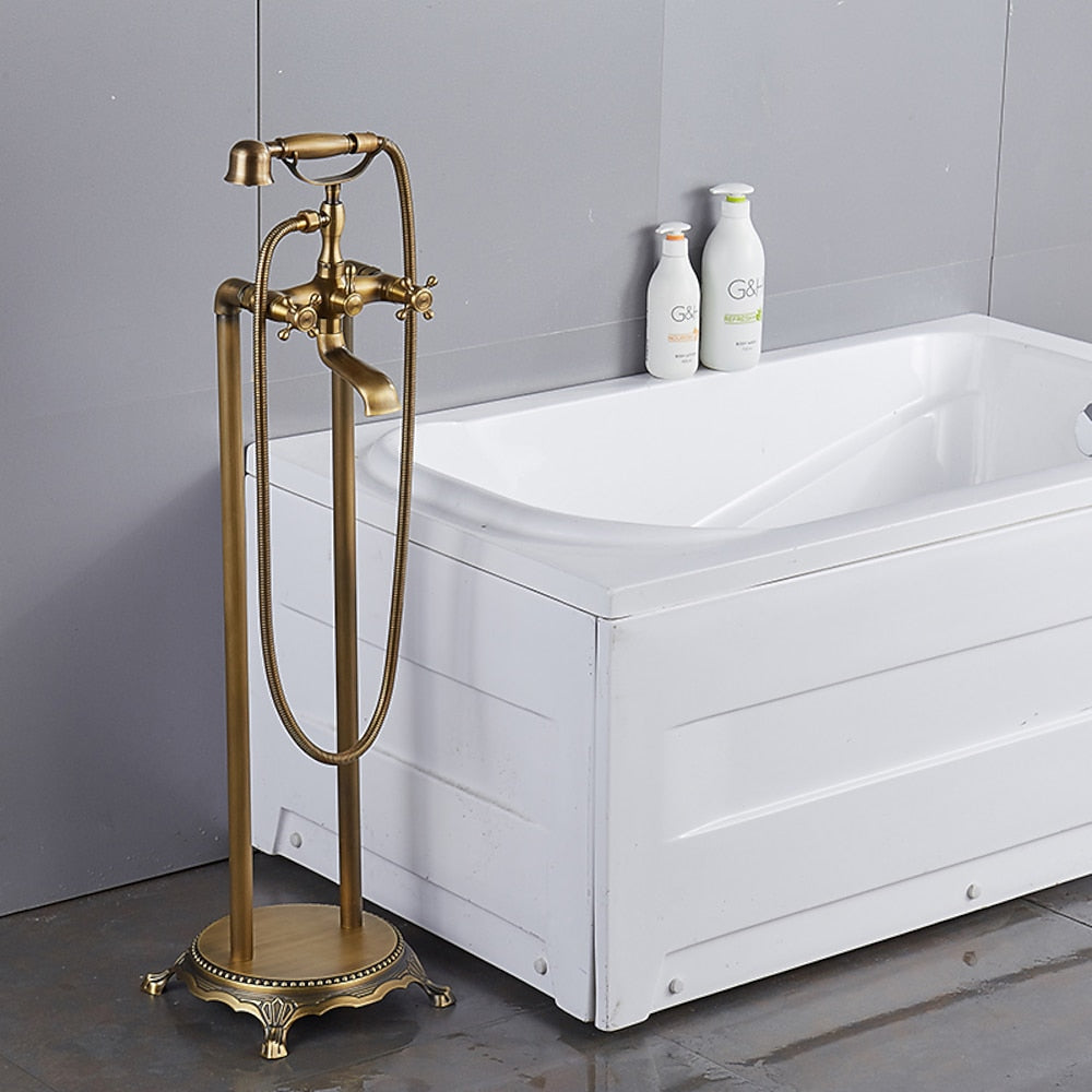 Traditional Floor-Mount Tub Filler Faucet, Double-Handle Brass Bathtub Faucet with Handheld Shower, Antique Brass / Chrome / Matte Black
