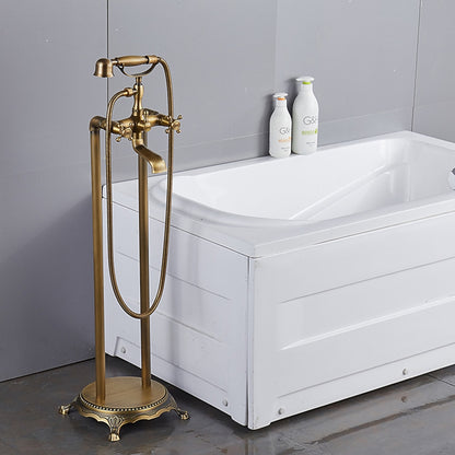 Traditional Floor-Mount Tub Filler Faucet, Double-Handle Brass Bathtub Faucet with Handheld Shower, Antique Brass / Chrome / Matte Black