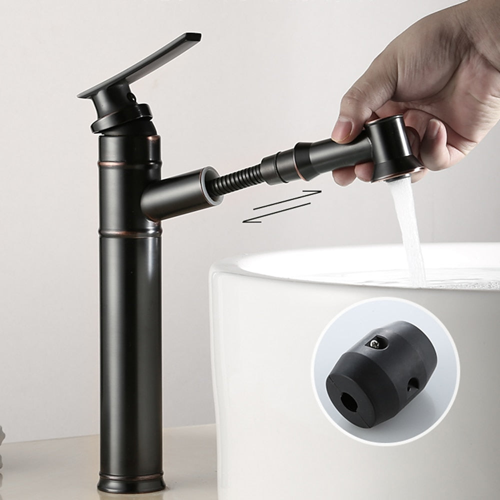 Pull-Out Spray Single-Hole Faucet, Single-Handle Brass Vintage Bathroom Faucet, Matte Black / Oil-Rubbed Bronze / Antique Brass / Brushed Nickel