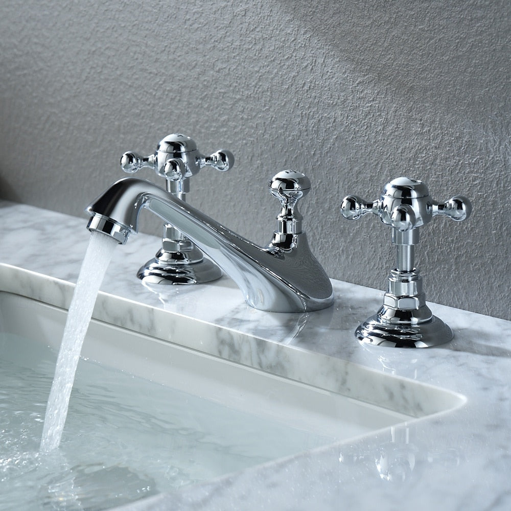 Vintage 3-Hole Widespread Bathroom Faucet, Double Cross Handle Faucet, Chrome / Polished Gold