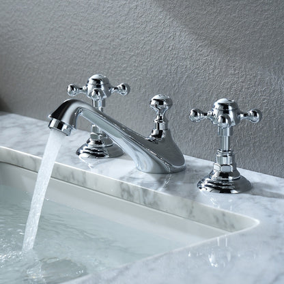 Vintage 3-Hole Widespread Bathroom Faucet, Double Cross Handle Faucet, Chrome / Polished Gold