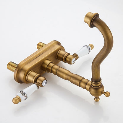 Antique Brass Swivel Spout Bathroom Faucet, Vintage Double-Handle Centerset Faucet