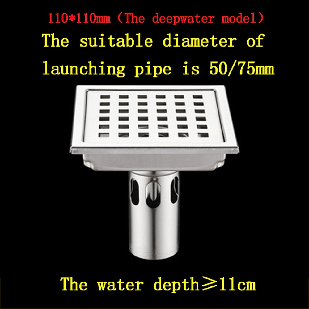 Stainless Steel Anti-Odor Square Floor Drain, Floor-Mounted Shower Drain with Removable Cover