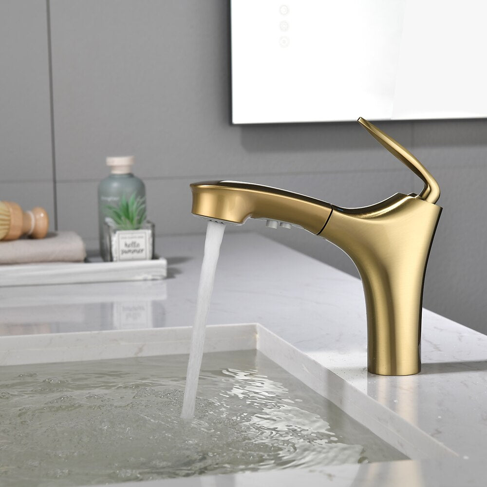 Pull-Out Single-Hole Bathroom Faucet, Single-Handle Brass Faucet, Brushed Gold / Matte Black / Matte White / Chrome / Gunmetal