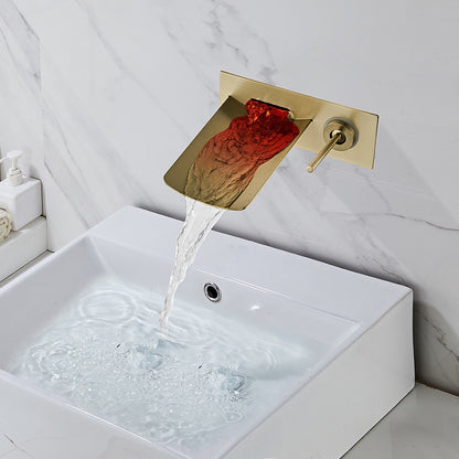 LED Waterfall Bathroom Faucet, Wall-Mount Single-Handle Brass Faucet, Brushed Gold / Matte Black / Oil-Rubbed Bronze