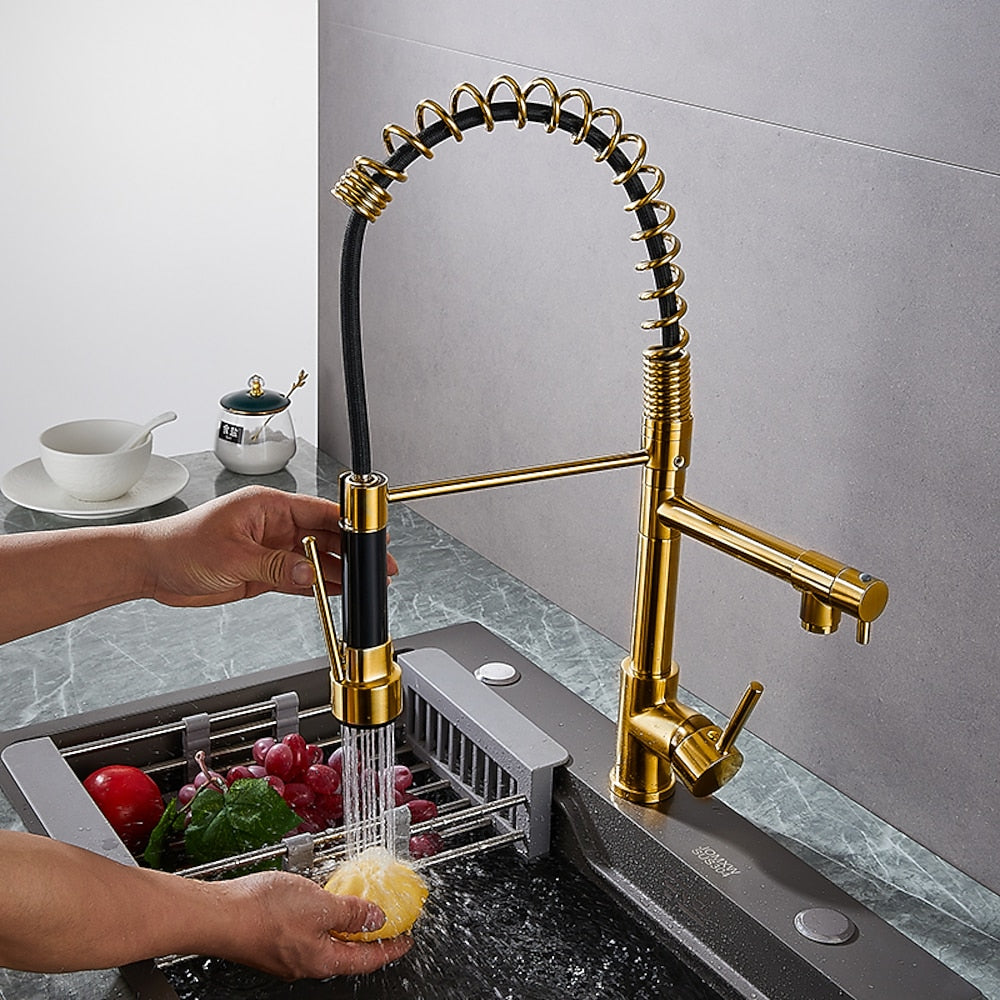 Two-Tone Black Gold Modern Pre-Rinse Kitchen Faucet, Single-Hole Brass Pull-Down Faucet