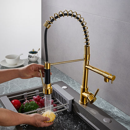Two-Tone Black Gold Modern Pre-Rinse Kitchen Faucet, Single-Hole Brass Pull-Down Faucet