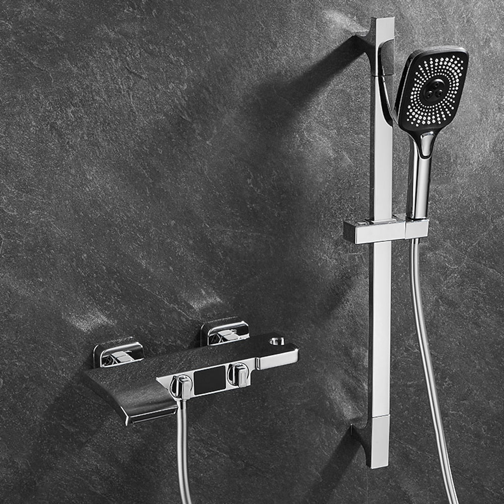 Wall-Mount Waterfall Tub Faucet, Dual-Handle Bath Mixer Tap with Handheld Shower