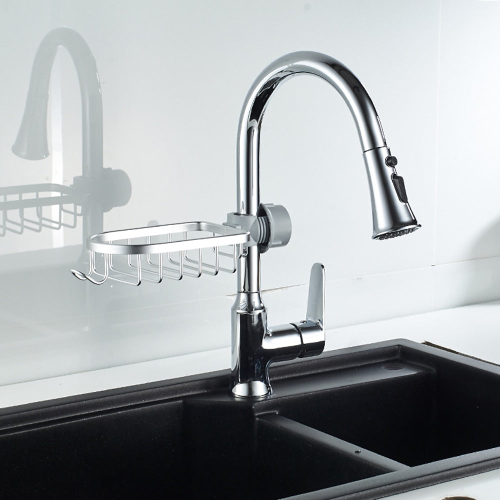 Modern Aluminum Faucet Storage Rack, Clamp-On Sink Caddy Organizer with Integrated Hooks, Black / Silver