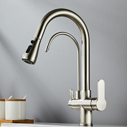 Modern 3-Way Pull-Down Kitchen Faucet, Dual-Handle Swivel Gooseneck Faucet, Gunmetal / Matte Black / Chrome / Matte White / Two-Tone / Antique Brass / Brushed Gold / Brushed Nickel