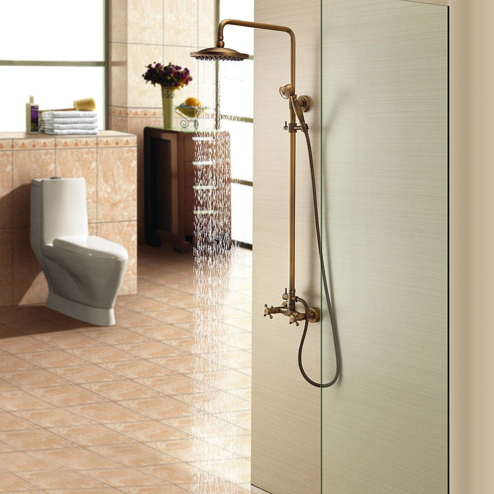 Antique Brass Rainfall Shower System, Wall-Mounted Exposed Pipe Faucet with Handheld Shower