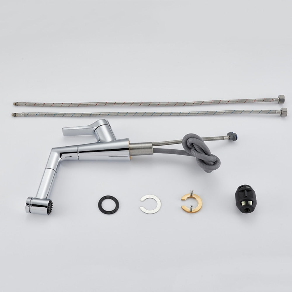 Pull-Out Single-Hole Bathroom Faucet, Single-Handle Brass Faucet, Brushed Gold / Chrome / Matte Black / Gunmetal