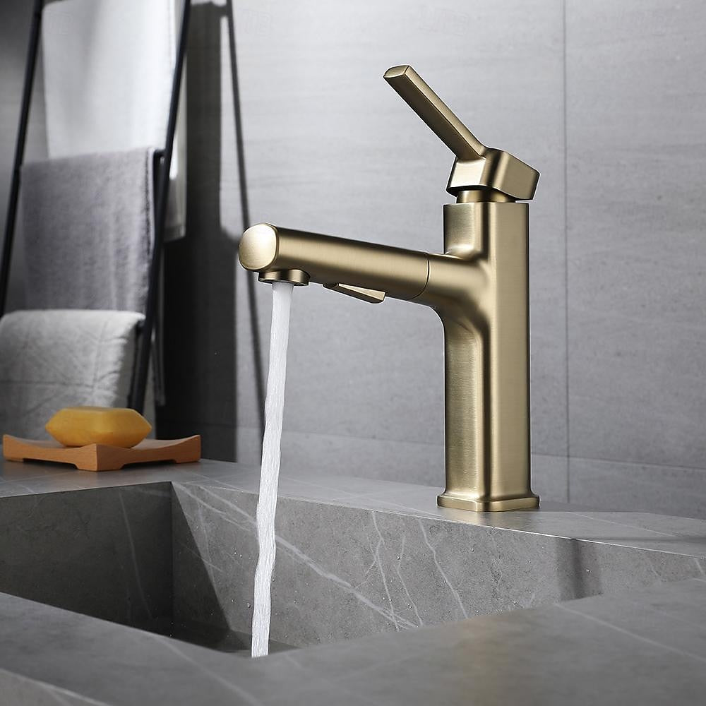 Modern Pull-Out Single-Hole Bathroom Faucet, Single-Handle Basin Faucet, Chrome / Matte Black / Brushed Gold / Gunmetal