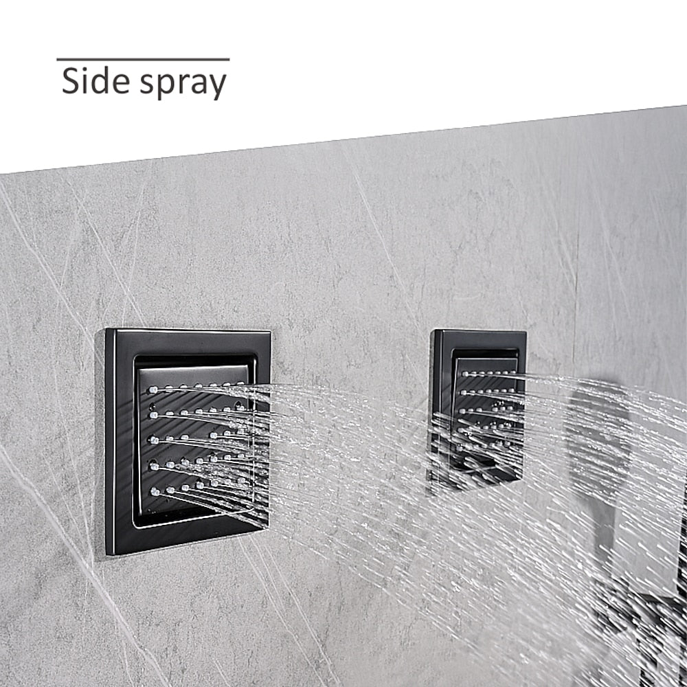 Matte Black LED Rainfall Waterfall Complete Shower System, Ceiling Mounted Thermostatic Valve Shower Set with Handheld Shower / Body Jets