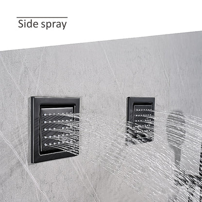 Matte Black LED Rainfall Waterfall Complete Shower System, Ceiling Mounted Thermostatic Valve Shower Set with Handheld Shower / Body Jets