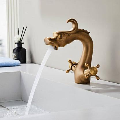 Vintage Antique Brass Dragon Bathroom Faucet, Single-Hole Solid Brass Faucet with Dual Cross Handles