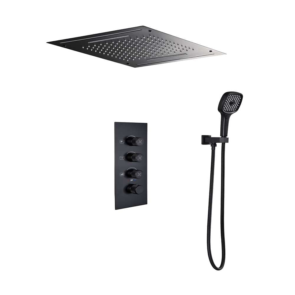 Matte Black LED Thermostatic Waterfall Shower System, Ceiling-Mounted Rainfall Shower Faucet Set with Handheld Shower