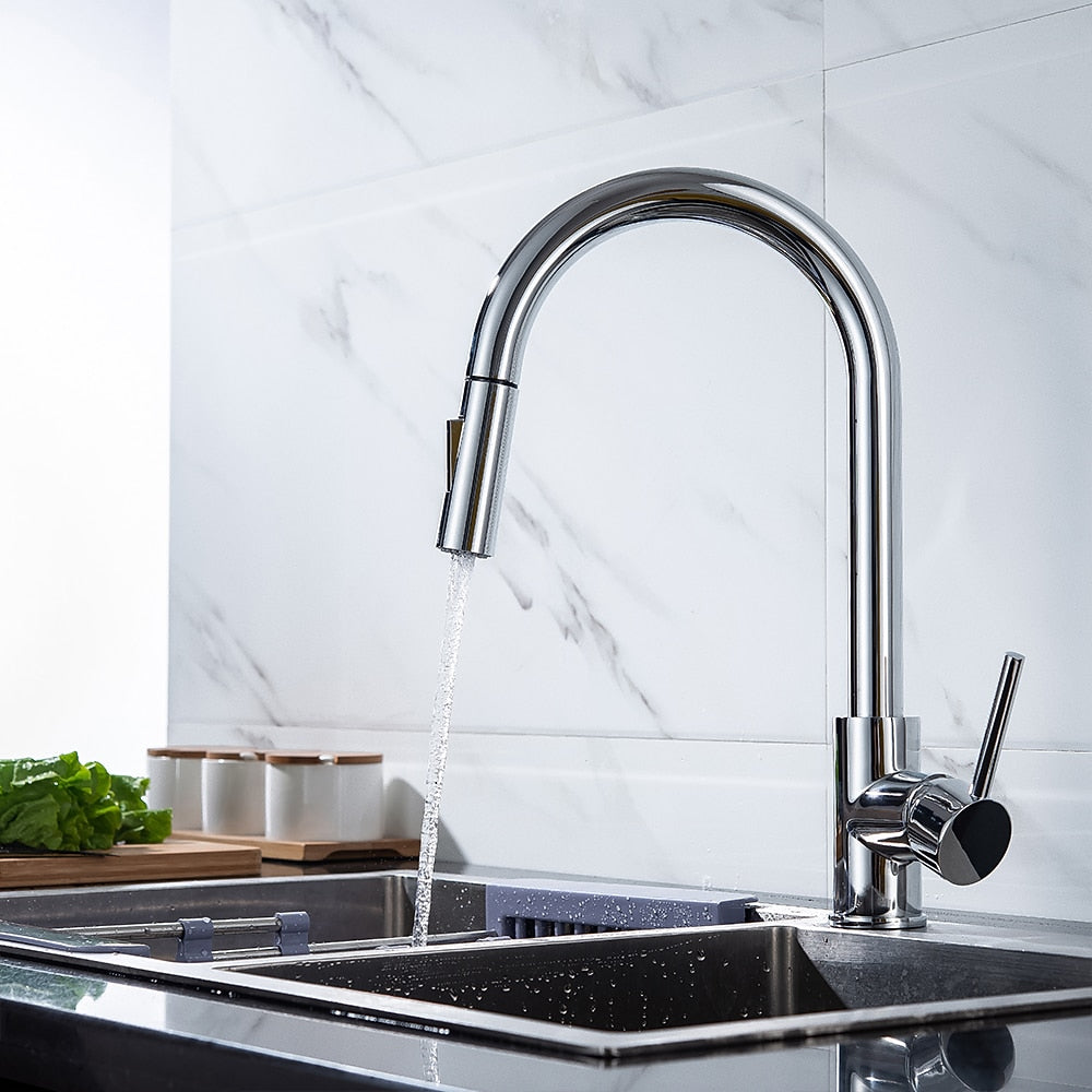 Modern Pull-Down Kitchen Faucet, Single-Handle Swivel Spout Faucet, Matte Black / Brushed Gold / Brushed Nickel / Chrome / Gunmetal