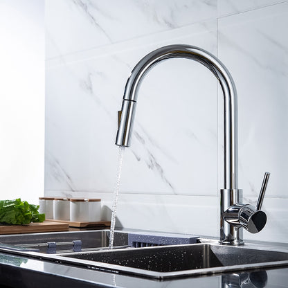 Modern Pull-Down Kitchen Faucet, Single-Handle Swivel Spout Faucet, Matte Black / Brushed Gold / Brushed Nickel / Chrome / Gunmetal