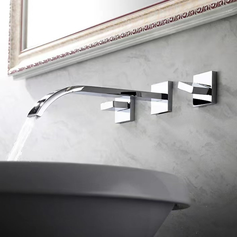 Chrome Modern Waterfall Bathroom Faucet, Wall-Mount 3-Hole Double-Handle Faucet