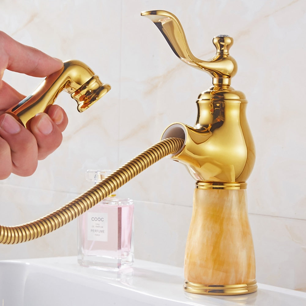 Vintage Traditional Single-Hole Bathroom Faucet, Single-Handle Brass Faucet with Marble Column Base, Gold / White / Multi