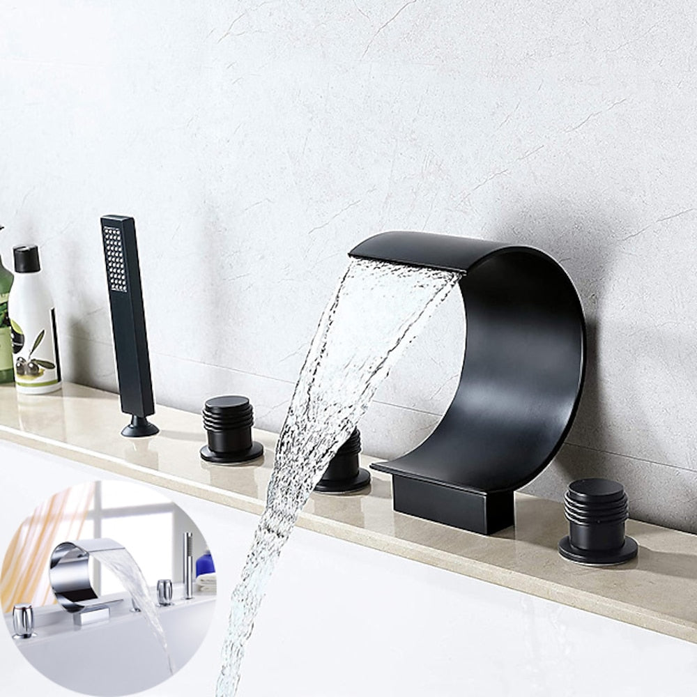 Modern Waterfall Roman Tub Faucet, 3-Handle Brass Bathtub Faucet with Handheld Shower, Matte Black / Chrome
