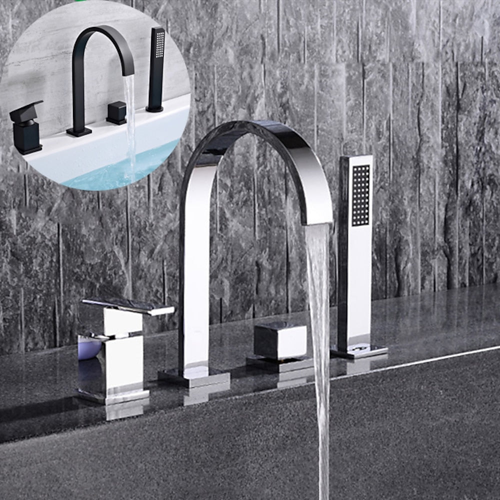 Waterfall Roman Tub Faucet, Deck-Mounted Single-Handle 4-Hole Faucet with Handheld Shower, Chrome / Matte Black