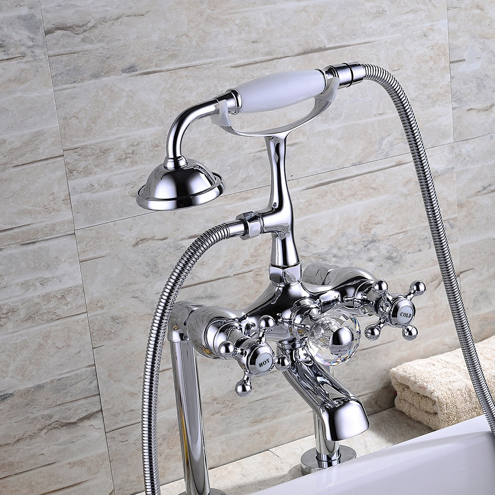 Traditional Roman Tub Faucet with Handheld Shower, 3-Handle Deck-Mount Tub Filler, Chrome / Polished Gold