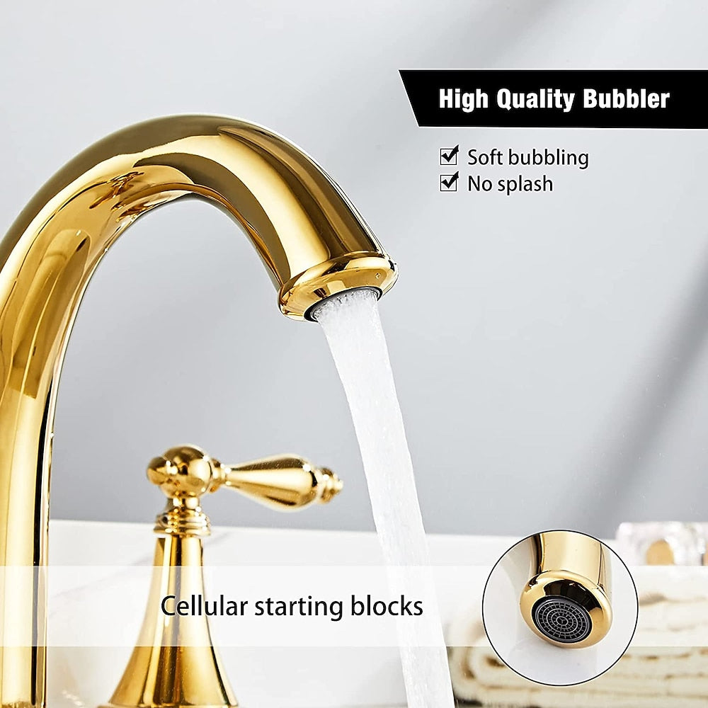 Polished Gold Traditional Widespread Bathroom Faucet, Dual-Handle Brass Sink Faucet