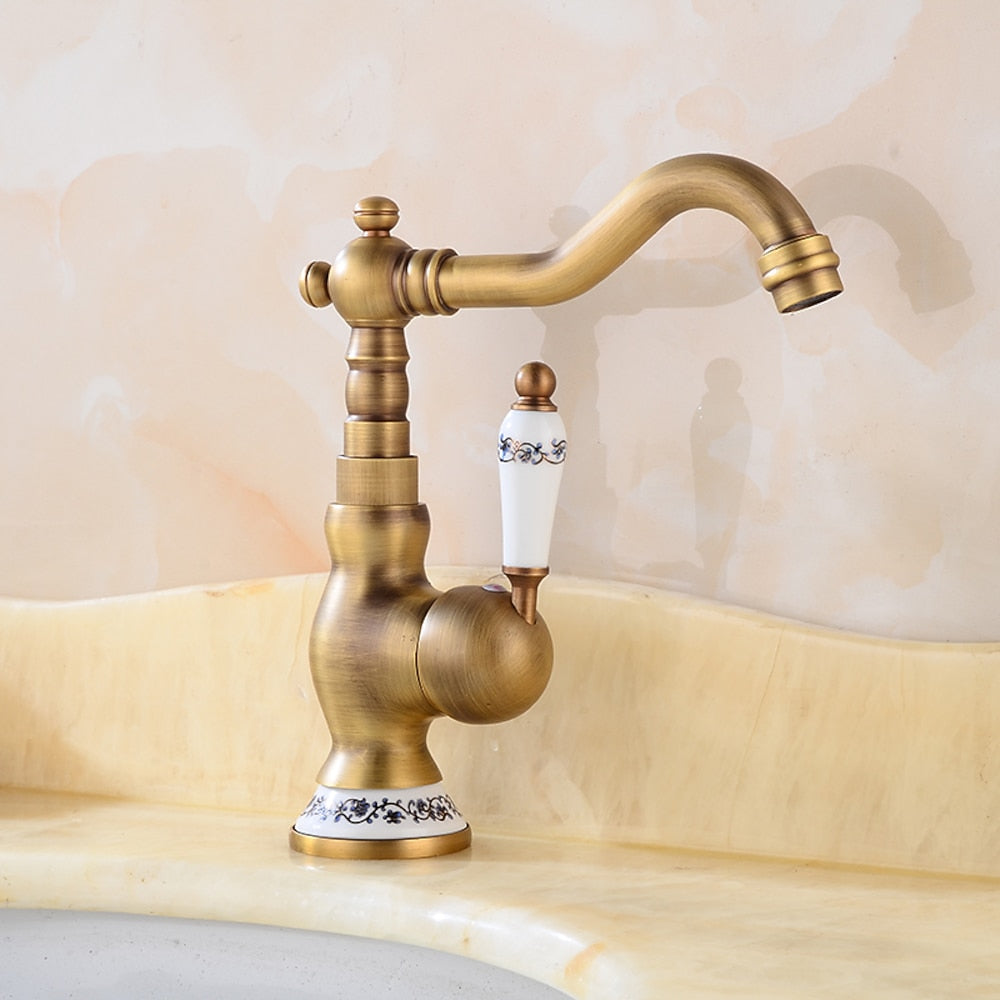 Traditional Swivel Spout Bathroom Faucet, Single-Hole Single-Handle Ceramic Lever Faucet, Antique Brass / Chrome / Polished Gold