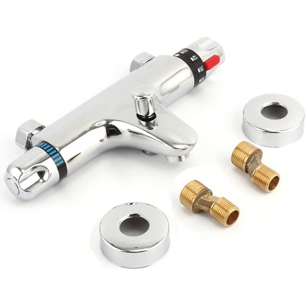 Chrome Thermostatic Wall-Mounted Bath Shower Mixer Valve, Exposed Brass Tub Faucet with Diverter Spout