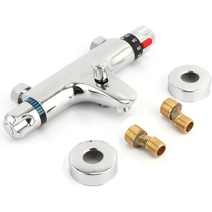 Chrome Thermostatic Wall-Mounted Bath Shower Mixer Valve, Exposed Brass Tub Faucet with Diverter Spout