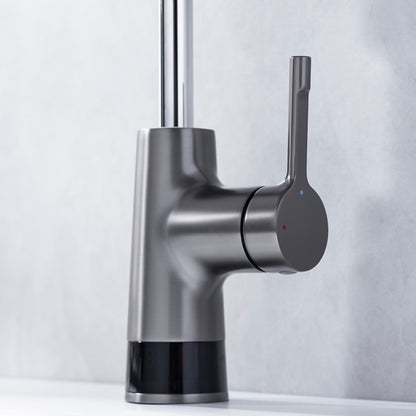 LED Digital Display Pull-Out Bathroom Faucet, Liftable Single-Handle Deck Mount Faucet, Gunmetal / Matte White / Chrome