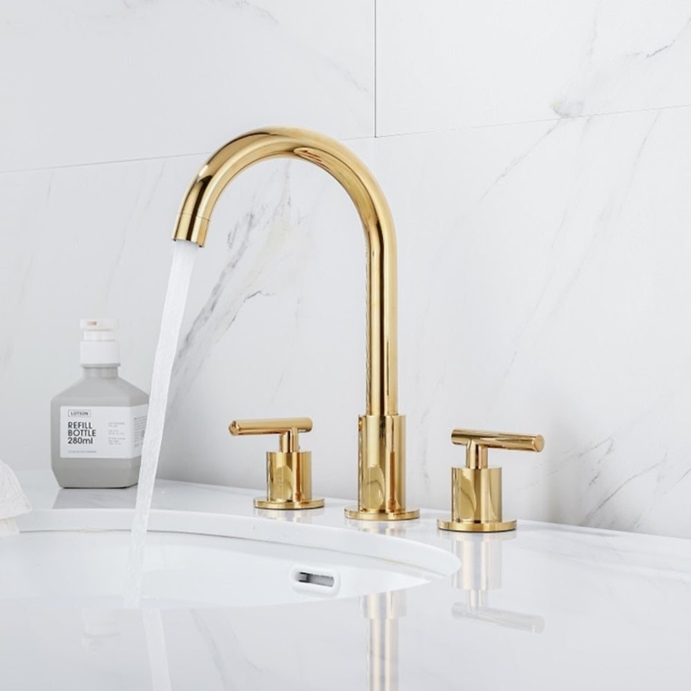 Modern 3-Hole Widespread Bathroom Faucet, Brass Dual-Handle Faucet with 360-Degree Swivel Spout, Chrome / Matte Black / Polished Gold