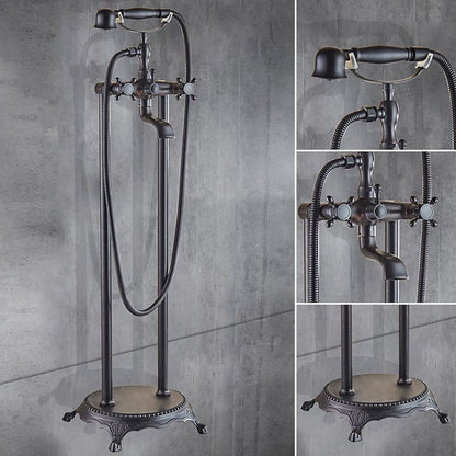 Traditional Floor-Mount Tub Filler Faucet, Double-Handle Brass Bathtub Faucet with Handheld Shower, Antique Brass / Chrome / Matte Black