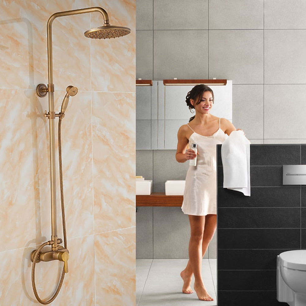Antique Brass Wall-Mount Rainfall Shower System, Single-Handle Shower Faucet Set with Handheld Shower