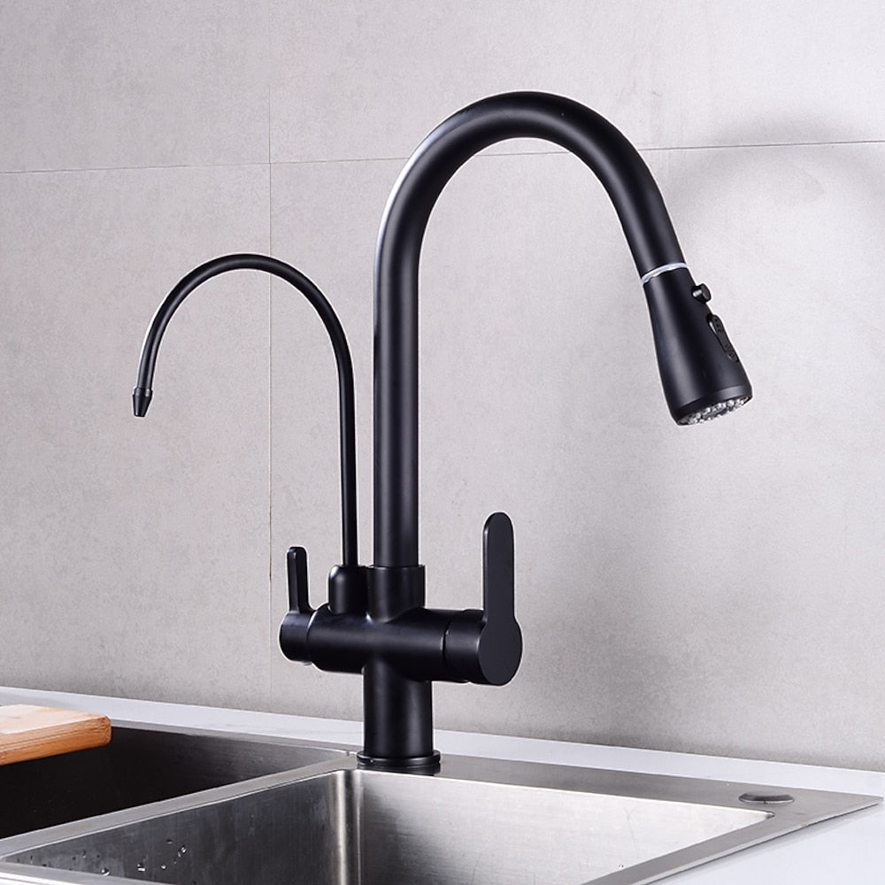 Modern 3-Way Pull-Down Kitchen Faucet, Dual-Handle Swivel Gooseneck Faucet, Gunmetal / Matte Black / Chrome / Matte White / Two-Tone / Antique Brass / Brushed Gold / Brushed Nickel